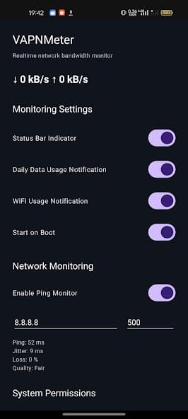 VAPNMeter network usage screen